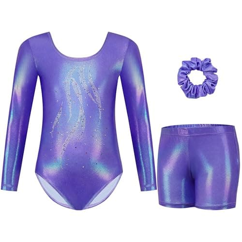 Gogokids Gymnastics Leotards for Girls Long Sleeve Sparkly Rhinestone Dance Unitards Biketards with Shorts, D-purple, 6-7 Years - Image 1
