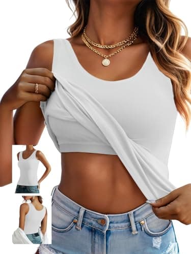 Ninee Womens Built in Bra Tank Tops Summer Casual Cami Tanks Wide Strap Scoop Neck Camisole Top (White,X-Small) - Image 1