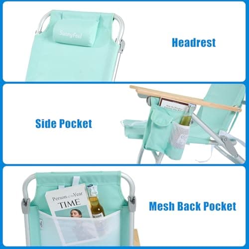 SUNNYFEEL Tall Beach Chair, Reclining Beach Chair with 5-Position, Portable Camping Chair for Adults with Wood Armrest, Lightweight Camping Chair 300 lbs Heavy Duty, Green, 2 Pack - Thumbnail 4