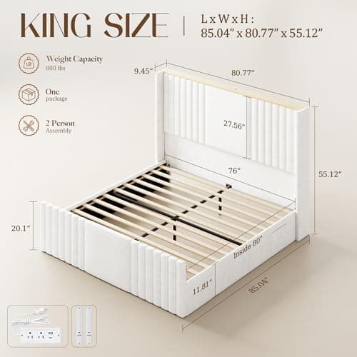 Uteeran King Size Bed Frame with 55.1" Tall Headboard, Velvet Upholstered Platform Bed with Channel Tufted Wingback, 2 Reading Lights/Storage Shelf/Charging Station/Easy Assembly/Noise-Free, Cream - Thumbnail 2