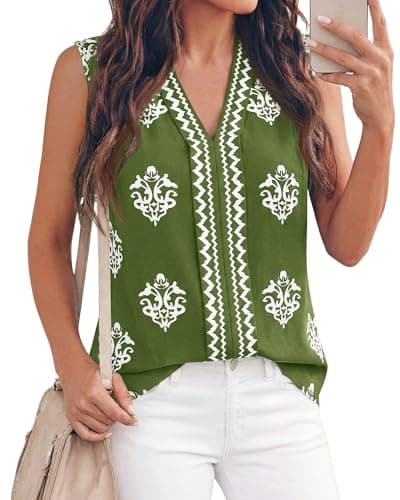BTFBM Womens Tank Tops Floral Printed V Neck Sleeveless Spring 2026 Business Work Dressy Casual Shirts Chiffon Blouses(Army Green, XX-Large) - Image 1