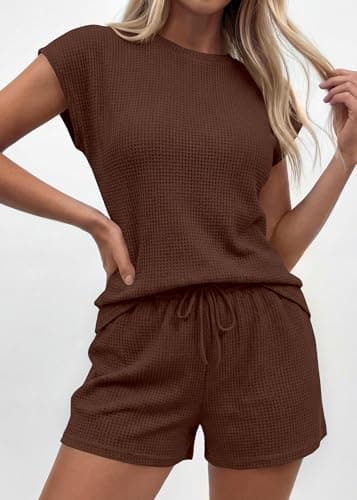 KIRUNDO Two Piece Sets For Women Summer 2026 Cap Sleeve Short Set Waffle Knit Matching Lounge Drawstring Vacation Outfits(Brown, XX-Large) - Thumbnail 2