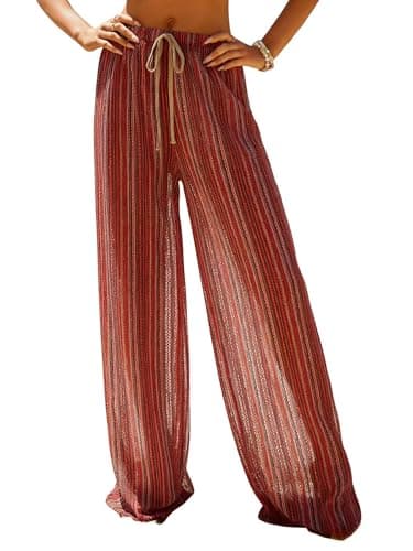 ZAFUL Womens Beach Cover Up Pants Sexy Crochet Drawstring Elastic Boho Swimsuit Cover Up Long Pants Beach Wear 3-Deep Purple L - Image 1