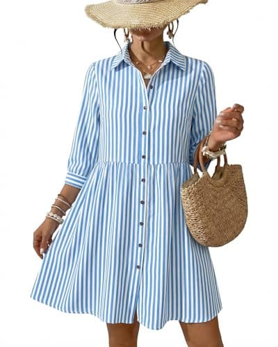 AUSELILY Summer Babydoll Dresses 3/4 Sleeve Button Down Casual A-Line Mini Cute Sundress Loose Flowy Dress with Pockets - Image 1