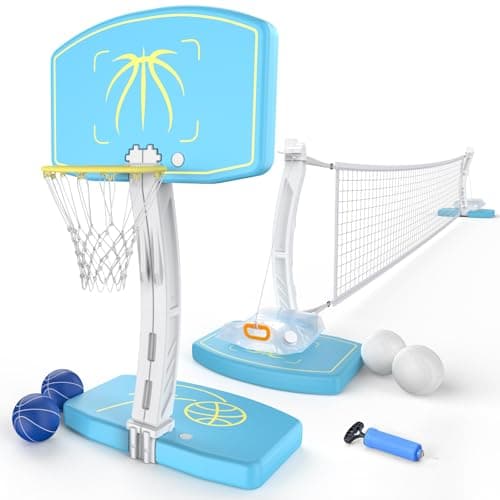 Goregent Pool Basketball Hoop & Pool Volleyball Net Set 2-in-1, Adjustable Volleyball Net for Pool, Stainless Steel Basketball Hoop for Pool, Swimming Pool Games for Summer Party - Image 1