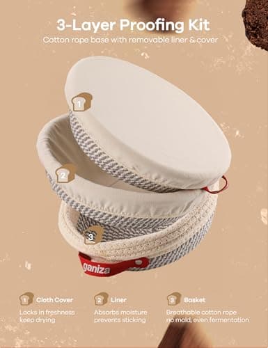 Ganiza Sourdough Starter Kit, Cotton Rope Sourdough Bread Baking Supplies, 9'' Round & 10'' Oval Banneton Basket with Liners & Covers, Sourdough Proofing Basket Kit Gifts for Bakers Women Wife Mom - Thumbnail 3