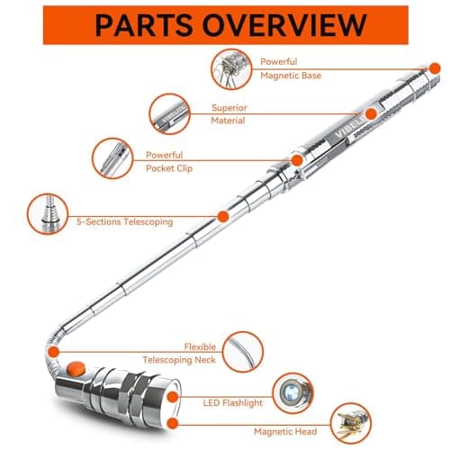 VIBELITE Extendable Magnetic Flashlight with Telescoping Magnet Pickup Tool-Cool Gadget, Dad Gifts, Birthday Gifts for Men, Dad, Husband, Him, Father, Mechanic, Boyfriend, Women, Silver, 2 Pack - Thumbnail 4