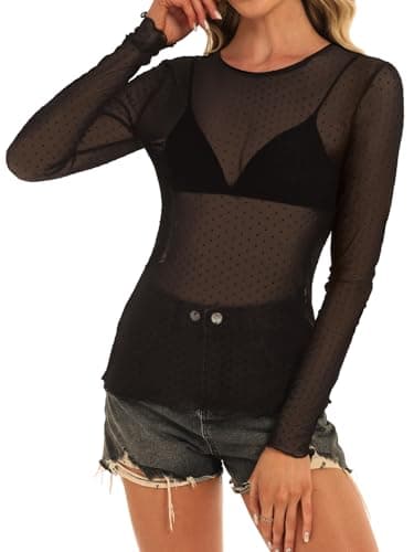GKBK Womens Mesh Long Sleeve Tops Crew Neck Sexy See Through Tee Dressy Casual Shirts Party Club Night Lace Blouse Western Wear Outfit Clothes Going Out Clothing Black Polka Dot M - Thumbnail 5