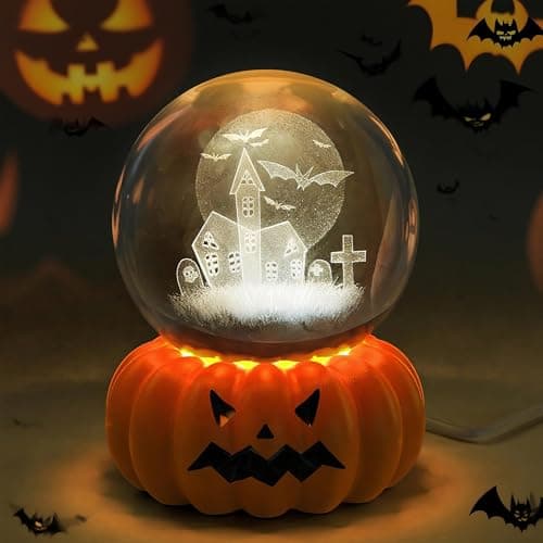 L LOHAS LED 3D Crystal Ball Night Light-Laser Engraved Haunted House Bat with Pumpkin Base,Cute & Funny Halloween Night Light for Kids, 3000K Warm White for Halloween Party Decor - Image 1