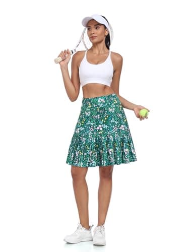 KORALHY 21" Golf Skorts with Pockets Pleated Tennis Skirts with Shorts Knee Length Skort for Athletic, Workout, Casual Wear Green Floral M - Thumbnail 6