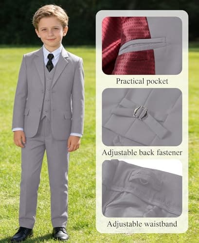 Boys Suit Size 8 Light Grey Kids Wedding Outfit for Toddler Formal Suit Set Easter Oufit Teenage Homecoming with Dress Shirt and Tie - Thumbnail 3