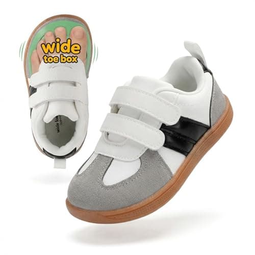 WIDE TOE BOX Barefoot Shoes Toddler Boys Girls: Zero Drop Wide Kids Sneakers Non-Slip First Walking Shoes Lightweight Preschool Tennis Shoe for Outdoor Activities, Classic White Black, 8 Wide Toddler - Image 1