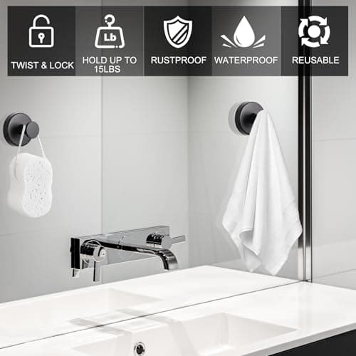 Suction Cup Hooks for Bathroom Kitchen, 2 Pack Stainless Steel Suction Hooks for Shower No Drilling Damage Free Towel Hook Holders Reusable Removable for Hanging Towels, Loofah, Robe, Coat(Black) - Thumbnail 3