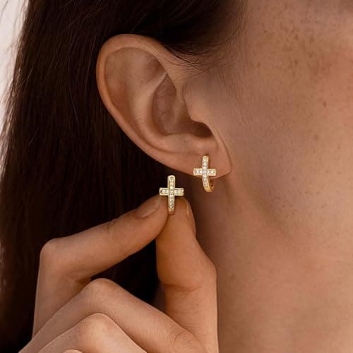 LOYATA Gold Cross Earrings for Women-14K Gold Plated Small Hoop Huggie Earrings Dainty Trendy CZ Cross Hoop Earring Cute Hypoallergenic Hoops Jewelry Gifts for Women Mothers Day Gifts for Mom - Thumbnail 4