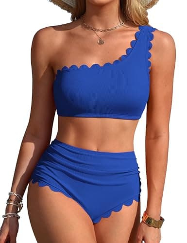 Charmo Ribbed Bikini Sets for Women High Waisted Ruched Full Coverage Swimsuits Cute 2 Piece One Shoulder Bathing Suits Blue S - Image 1