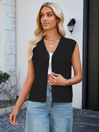 Bellcoco Womens Sleeveless V Neck Sweater Vest Crochet Knit Summer Tops Button Down Spring Cardigan Casual Outfits 2026 Black S - Thumbnail 4