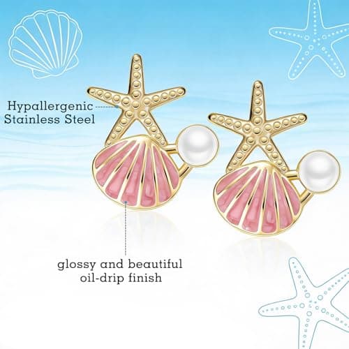 Stainless Steel Starfish & Seashell Summer Beach Earrings for Women, Pink - Thumbnail 6
