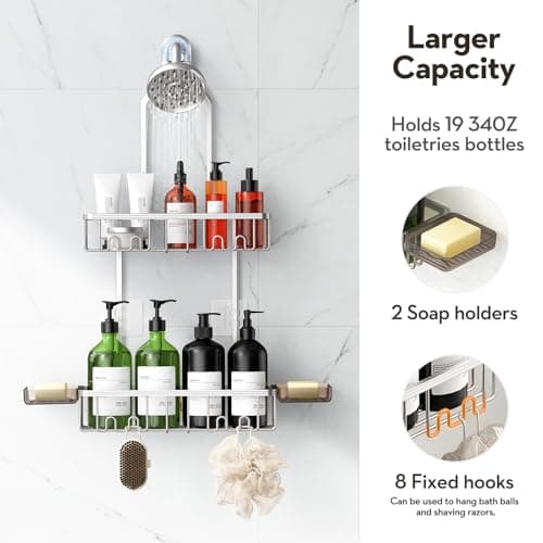 VALORDINE Shower Caddy Hanging, Shower Organizer Hanging, Aluminum Shower Racks for Inside Shower with Hooks for Razor, Never Rust Bathroom Organizers and Storage with Soap Holder, Bright Silver - Thumbnail 3