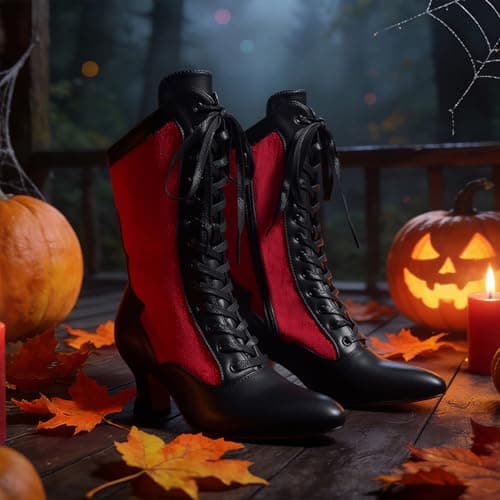 Erocalli Womens Red Witch Boots Halloween Vintage Mid-calf kitten heel Suede Boot - Fall, Lace-up, Side Zipper, Pointed Toe, Renaissance, Victorian shoes - Thumbnail 5