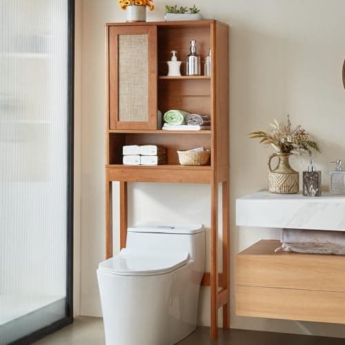 LEYAOYAO Over The Toilet Storage Cabinet with Rattan Sliding Door, 68" Tall Wood Above Toilet Bathroom Organizer w/Adjustable Shelf & Curved Profile, Space Saver Freestanding Washer Shelf - Thumbnail 6