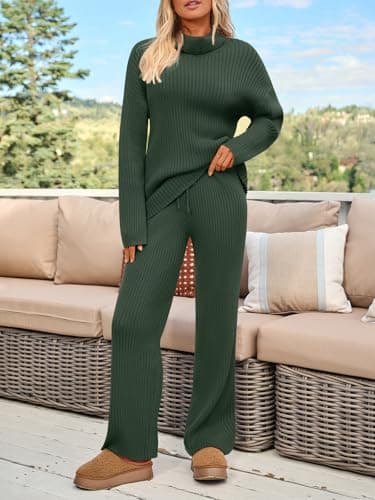 LILLUSORY Women 2 Two Piece Outfits Winter Clothes Turleneck Sweater Matching Lounge Sets Wide Leg Pants 2026 Fall Trendy Cozy Ribbed Knit Sweatsuits Sweat Suit Travel Loungewear Dark Green XL - Thumbnail 2