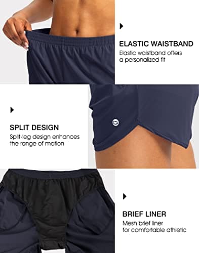 G Gradual Women's Running Shorts with Zipper Pockets Quick Dry Athletic Workout Gym 3" Short Shorts for Women with Comfy Liner (Navy Blue, Medium) - Thumbnail 3