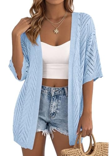 PRETTYGARDEN Women's Lightweight Summer Cardigans 2026 Short Sleeve Knit Crochet Coverups Spring Boho Beach Vacation Clothes (Light Blue,X-Large) - Thumbnail 5