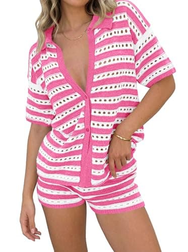 Saodimallsu Womens Crochet Swimsuit Coverup Summer 2 Piece Outfits Striped Knit Short Sleeve Button Shirts Shorts Sets Bright Pink - Image 1
