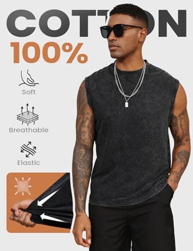 Yimoon Sleeveless Shirts for Men Workout Tank Tops Cotton Acid Wash Muscle Shirts Baggy Gym Tees(BlackGreyBeigeKhaki-XL) - Thumbnail 4