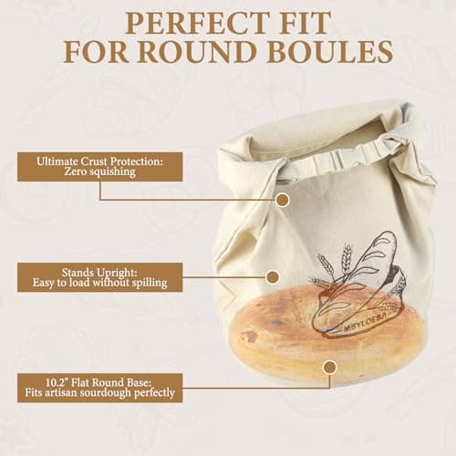 Sourdough Bread Bags for Homemade Bread, 16oz Heavy Canvas Stand-Up Artisan Loaf Keeper, Hard Bottom Bread Box Alternative with Odor-Free TPU Lining, Farmhouse Beige - Thumbnail 3