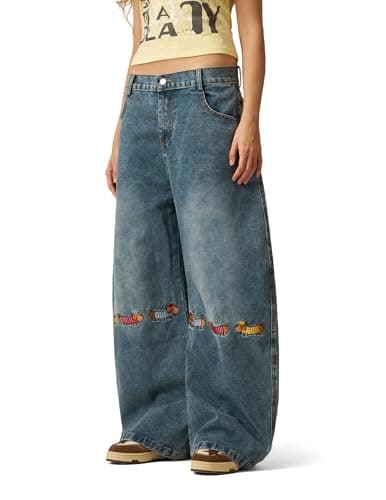 Aelfric Eden Dachshund Embroidery Baggy Barrel Jeans Wide Leg Y2K Denim Pants Straight Loose Jeans Streetwear Unisex Blue 34 - Thumbnail 4
