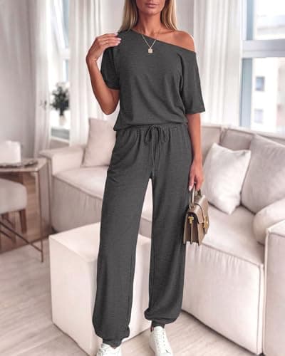 Zenlonr Women Summer 2 Piece Outfits 2026 Off Shoulder Short Sleeve Tops Elastic Waist Drawstring Long Pants Tracksuit(Dark Grey,Medium) - Thumbnail 2