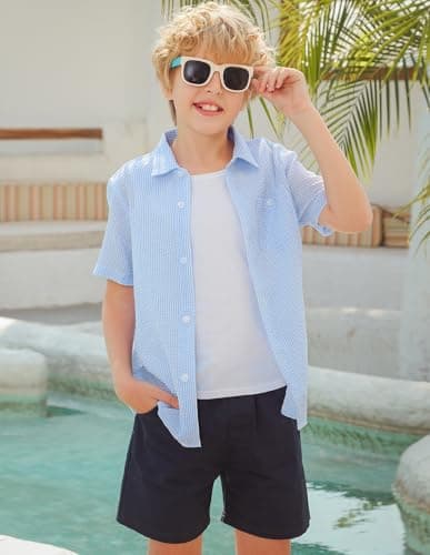 Cozople Boys Button Down Short Sleeve Shirt Breathable Seersucker Lightweigh Shirts Hawaiian Tops with Single Chest Pockets Design - Thumbnail 3