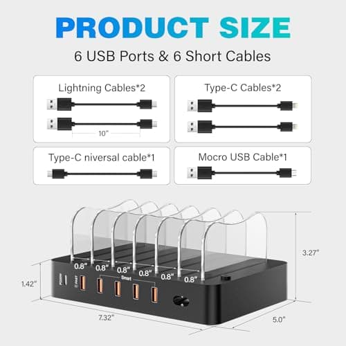 Charging Station for Multiple Devices 68W 6 Port Phone Charger Dock with 6 Cables, 20W Black Fast Charging Station Compatible with Apple Cellphone iPad iPhone Tablet(Black) - Thumbnail 3