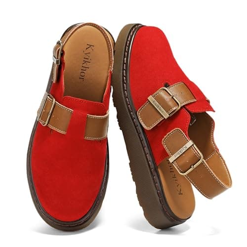 KYIKHOR Women's Suede Leather Loafer Slip-Ons|Genuine Suede Clogs for Women|Comfort Footbed Leather Mules Potato Shoes with Back Strap|Cute Office Casual Dress Shoes Red,8 M US - Image 1