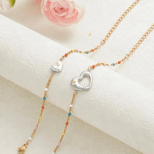 YUMUN 18K Gold Plated Matching Heart Charms Bracelet Set for Women, Adjustable Mother’s Day Gift Two Bracelet Pack (Heart Br G) - Thumbnail 4