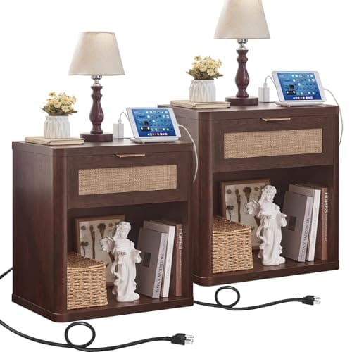 LEYAOYAO Rattan Nightstands Set of 2 with Charging Station, Walnut Night Stand with Drawer, 23" Wide Boho Bedside Table with Storage Shelf, Bed Side End Tables for Bedroom, Living Room, Hallway - Image 1