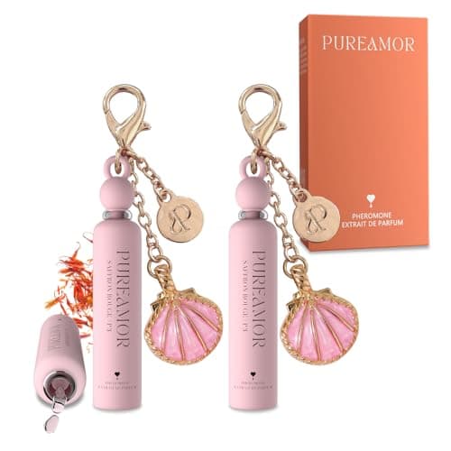 PUREAMOR Pheromone Perfume for Women, Saffron Rouge 2-Pack Keychain Perfume – Warm Spicy Scent with Saffron, Amberwood & Cedarwood, Long Lasting Eau de Parfum, 0.07 oz / 2 ml Each