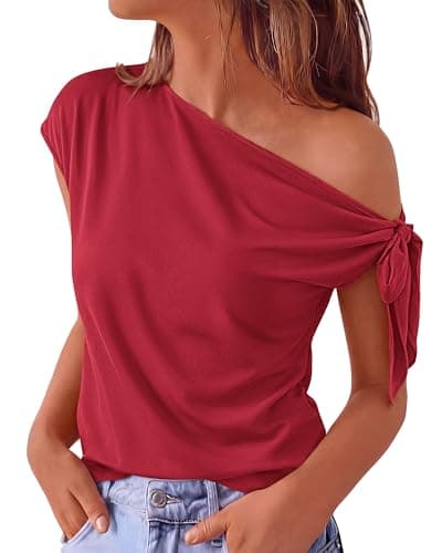 BTFBM 2026 Off The Shoulder Tops for Women Summer Shirts Short Sleeve Satin Blouses Silk Going Out Top Beach Vacation(Red, Large) - Image 1
