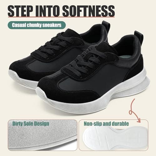 Vepose Women's Black Pu Lightweight Platform Sneakers Chunky Casual Tennis Shoes, Memory Foam Non Slip, Suede Pu Lace Up, Everyday Walking Travel Office Size 11(CJY8216 Black pu 11) - Thumbnail 4
