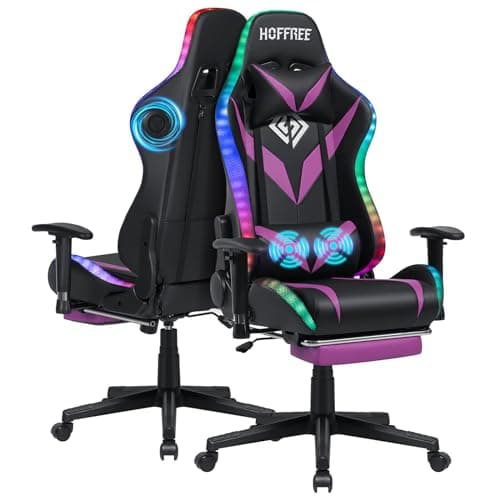 Led Gaming Chair with Speakers Massage 165°Reclining Computer Chairs-Purple