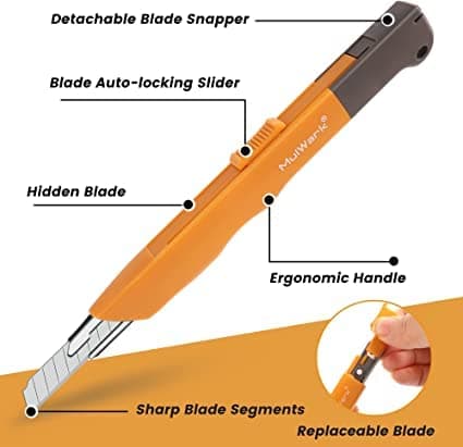 Mulwark 16PC Box Cutter Retractable Utility Knife Set - Heavy Duty Craft Knife with 10PC Sharp Snap-off 9MM 30 Degree Blades, 5PC 60 Degree Blade for Precision Cutting - Thumbnail 3