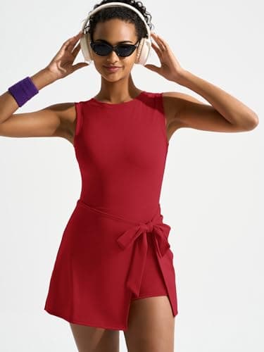 Dokuritu Tennis Dresses for Women Sleeveless Crew Neck Knot Romper Built in Shorts U-Shaped Back Workout Athletic Dress Red - Thumbnail 3