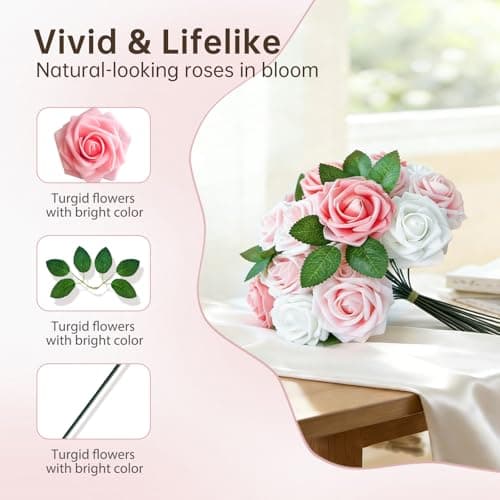 Bnoiiok Artificial Flowers 25pcs Real Looking Blush Shades Foam Fake Roses with Stems for DIY Wedding Bouquets Bridal Shower Pink Centerpieces Floral Arrangements Party Tables Home Decorations - Thumbnail 4