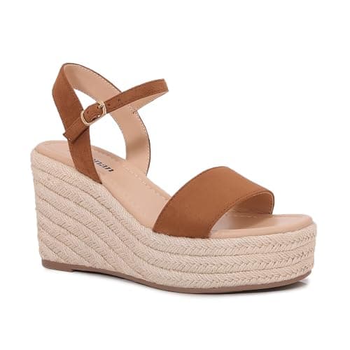 Paiyonan Women's Raffia Strap Espadrille Wedge Sandals - Ankle Buckle Platform Wedges Open Toe Summer Beach Casual Shoes (Camel, Adult, Women, 5.5, Numeric, US Footwear Size System, Medium) - Image 1