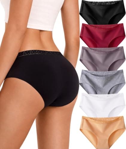 READY TO LOVE Cotton Underwear for Women 6 Pack Full Coverage Briefs Sexy Panties Lace Waistband Ladies Bikini Hipster - Image 1