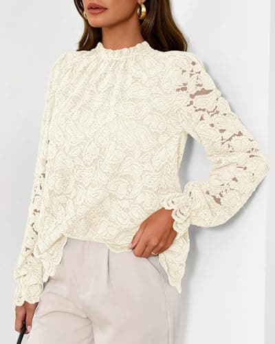 KIRUNDO Lace Tops for Women Dressy Causal 2026 Early Fall Fashion Ruffle Long Sleeve Mock Neck Blouses Shirts(Apricot, XX-Large) - Thumbnail 5