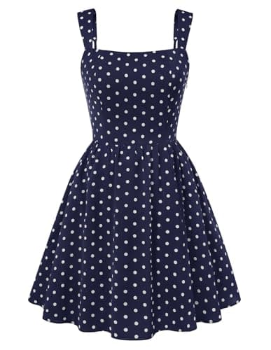 Belle Poque Fit and Flare Dress for Women Mini Short Polka Dot Dress Square Neck Sleeveless Navy Blue Sundresses L