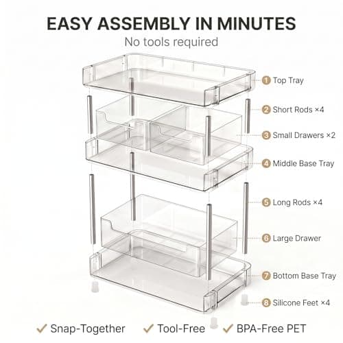 JessLab Clear Makeup Organizer, 3-Tier Vanity Storage with Removable Drawers, Large Capacity Cosmetic Rack for Tall Bottles, Perfume, Lipstick, Bathroom Countertop - Thumbnail 4