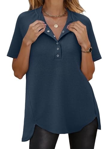 ANRABESS Womens Waffle Knit Tops Summer Short Sleeve Henley Shirts Dressy Casual Blouse 2026 Spring Loose Tunics Outfits Navy Blue Medium - Image 1
